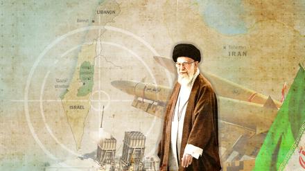 Der geistige Führer des Iran, Ajatollah Ali Chamenei, vor einer Landkarte mit Raketen, die auf Israel gerichtet sind. Experten erwarten in den kommenden Tagen einen Militärschlag des Irans und der libanesischen Hisbollah-Miliz gegen Israel.