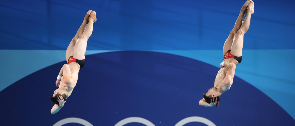 Perfekte Synchronität: Long Daoyi und Wang Zongyuan vom Drei-Meter-Brett.