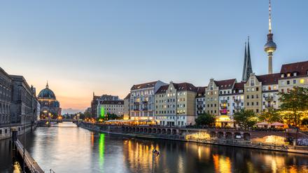 The Nikolaiviertel, the river Spree and the Cathedral in Berlin at twilight