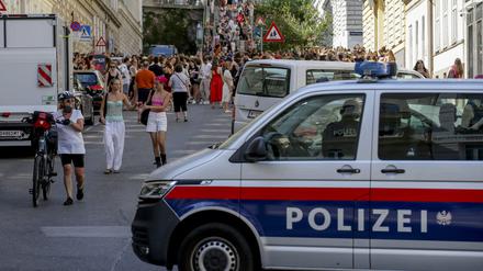 Ein Polizeiauto steht in der Nähe von versammelten «Swifties».
