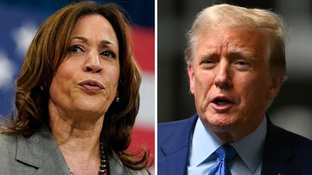 Kamala Harris, Vizepräsidentin der USA, hält eine Rede während einer Wahlkampfveranstaltung (Archivfoto vom 26.03.2024) und der ehemalige US-Präsident Donald Trump spricht bei seinem Schweigegeldprozesses zu den Medien (Archivfoto vom 09.05.2024). 