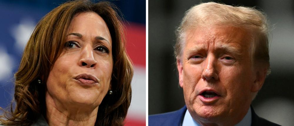 Kamala Harris, Vizepräsidentin der USA, hält eine Rede während einer Wahlkampfveranstaltung (Archivfoto vom 26.03.2024) und der ehemalige US-Präsident Donald Trump spricht bei seinem Schweigegeldprozesses zu den Medien (Archivfoto vom 09.05.2024).