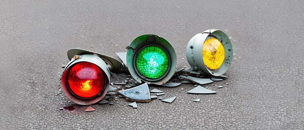 Eine zerbrochene Ampel liegt auf der Straße.