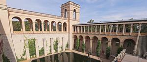 Das Belvedere auf dem Pfingstberg spiegelt sich im Wasserbecken im Innenhof. 