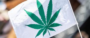 Ein Teilnehmer trägt bei der 28. Hanfparade unter dem Motto „Legalisierung, aber richtig!“ ein Plakat mit der Aufschrift „mit einem Cannabisblatt“.