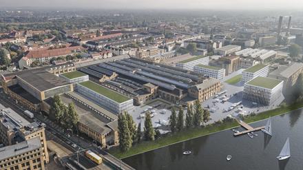 Die Rathenau-Hallen in Treptow-Köpenick. Im westlichen Bereich zwischen Spree, Edisonstraße und Wilhelminenhofstraße liegen die zentralen Hallen, die nach ihrer denkmalgerechten Sanierung teilweise durch selbsttragende Mezzanine-Etagen erweitert werden sollen.