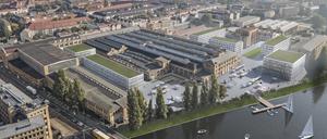 Die Rathenau-Hallen in Treptow-Köpenick.  Im westlichen Bereich zwischen Spree, Edisonstraße und Wilhelminenhofstraße liegen die zentralen Hallen, die nach ihrer denkmalgerechten Sanierung teilweise durch selbsttragende Mezzanine-Etagen erweitert werden sollen.