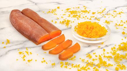 Close-up of a cut boutargue, dried mullet fish roe
