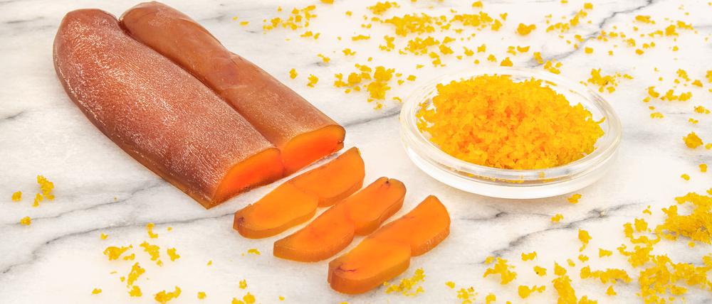 Close-up of a cut boutargue, dried mullet fish roe