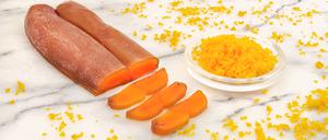 Close-up of a cut boutargue, dried mullet fish roe