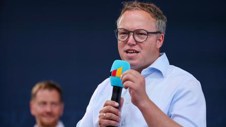 Mario Voigt, Landesvorsitzender CDU Thüringen, bei einer Wahlkampfveranstaltung. Die Thüringer CDU weist Plagiatsvorwürfe gegen Voigt zurück.