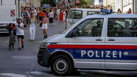 Ein Polizeiauto steht in der Nähe von versammelten «Swifties». Nach der Absage der Taylor-Swift-Konzerte in Wien ist eine weitere Person festgenommen worden.
