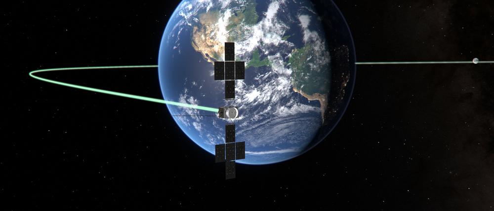 Die Jupitersonde „Juice“ vor der Erde. Am 19. und 20. August 2024 wird die ESA-Sonde Jupiter Icy Moons Explorer (Juice) eine Weltpremiere feiern: Sie nutzt die Schwerkraft des Mondes und dann der Erde, um ihre Bahn durch den Weltraum zu krümmen und so dem Jupiter einen Schritt näherzukommen.