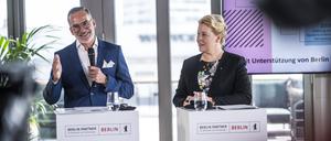 Wirtschaftssenatorin Franziska Giffey und Berlin Partner-Chef Stefan Franzke präsentieren die neuesten Entwicklungen der Berliner Wirtschaft.