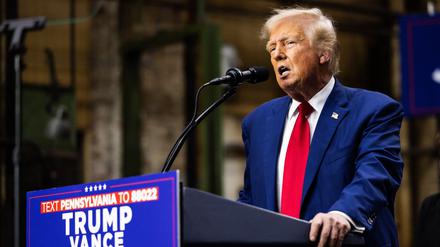 YORK, PENNSYLVANIA - AUGUST 19: Republican Presidential nominee, former president Donald J. Trump remarks during a campaign event at Precision Custom Components on August 19, 2024 in York, Pennsylvania. 