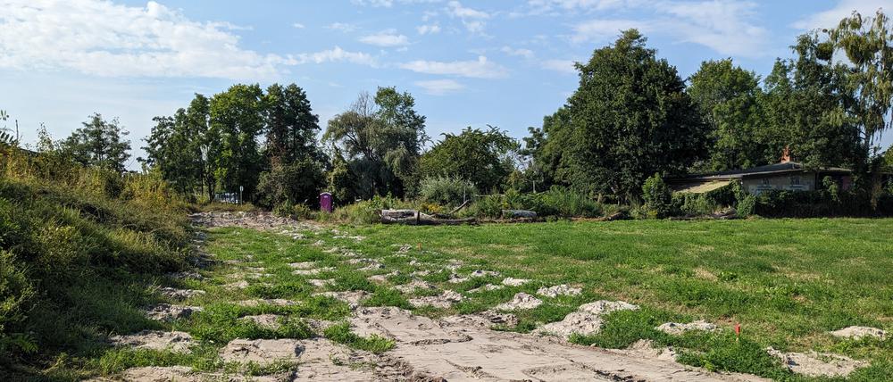 Spuren der Kampfmittelsuche neben der besetzten La Datscha, bis Ende November sollen hier Strom und Wasser für das neue Strandbad verlegt werden.