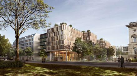 Ein Holzbau mit Solarpanelen: Der Erweiterungsbau für das Umweltministerium soll besonders nachhaltig sein.