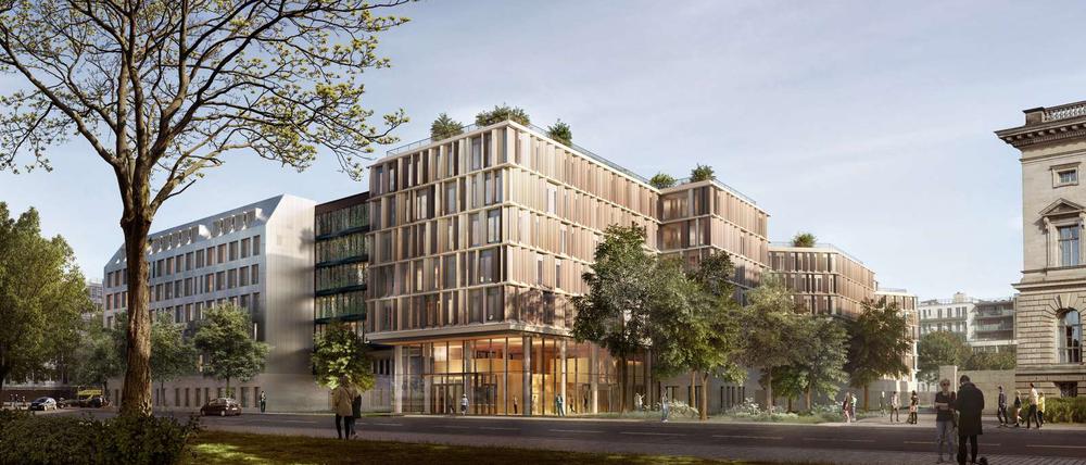 Ein Holzbau mit Solarpanelen: Der Erweiterungsbau für das Umweltministerium soll besonders nachhaltig sein.