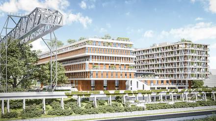 Der Entwurf für den Campus stammt vom Berliner Büro Tchoban-Voss. Links ist der alte Verladekran zu sehen.