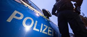 Eine Polizistin steht an einem Streifenwagen.