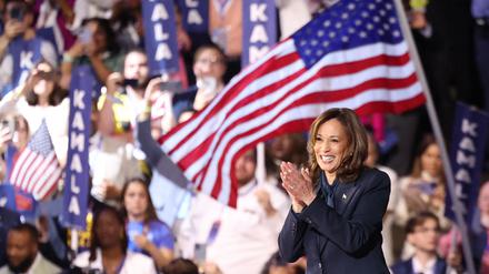 Die US-Vizepräsidentin und demokratische Präsidentschaftskandidatin 2024 Kamala Harris am vierten und letzten Tag der Democratic National Convention. 