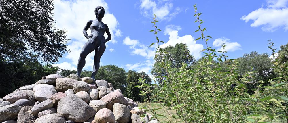 Skulptur von Stefan Ludes „Wo ist Goliath?“ im Garten der Villa Jacobs.