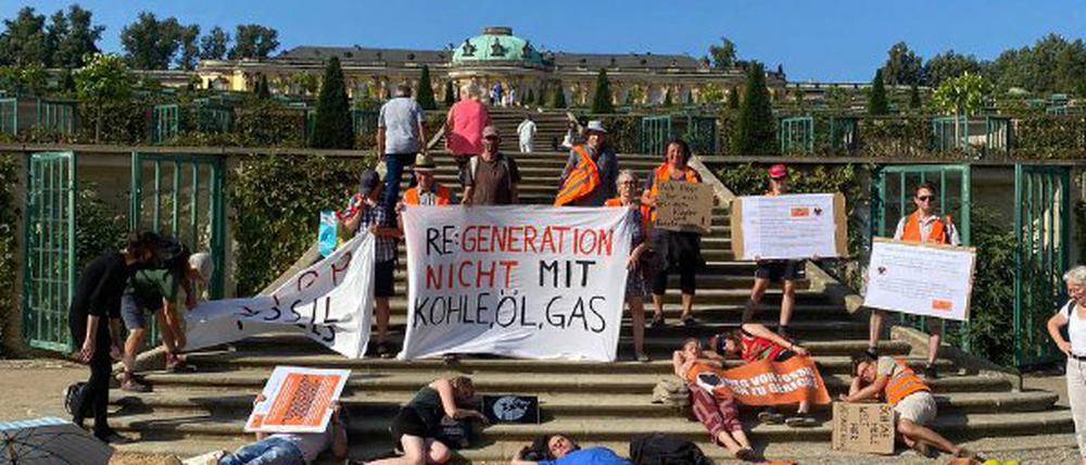 Rund 30 Unterstützer der Klimagruppe "Letzte Generation" machten beim "Die-in" im Potsdamer Park Sanssouci am 24. August 2024 auf die Klimakrise aufmerksam.