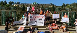 Rund 30 Unterstützer der Klimagruppe "Letzte Generation"  machten beim "Die-in" im Potsdamer Park Sanssouci am 24. August 2024 auf die Klimakrise aufmerksam.