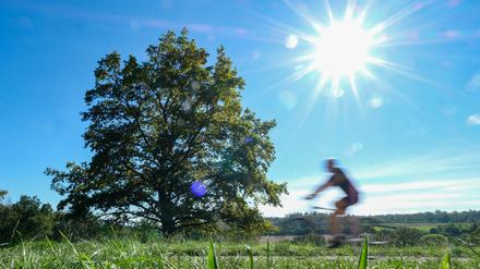 Bei strahlendem Sonnenschein und blauem Himmel fährt ein Radfahrer durch einen Park bei Stuttgart.