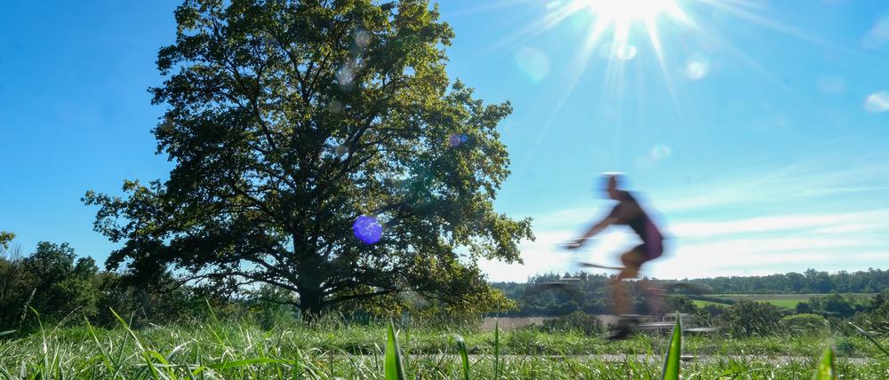 Bei strahlendem Sonnenschein und blauem Himmel fährt ein Radfahrer durch einen Park bei Stuttgart.