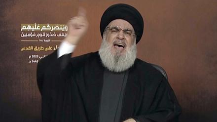 Dieses Videostandbild zeigt Hisbollah-Führer Sayyed Hassan Nasrallah, der über eine Videoverbindung während einer Kundgebung in Beirut spricht (Archivbild).