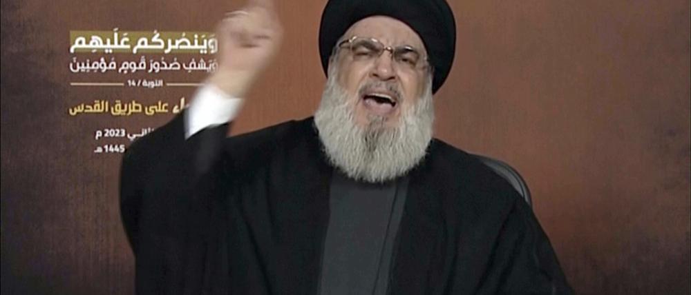 Dieses Videostandbild zeigt Hisbollah-Führer Sayyed Hassan Nasrallah, der über eine Videoverbindung während einer Kundgebung in Beirut spricht (Archivbild).