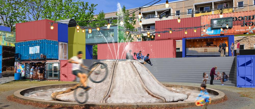 Visualisierung aus einer Machbarkeitsstudie für den Magnus-Zeller-Platz, erstellt von Studirenden der TU Berlin für den Masterplan Schlaatz 2030.