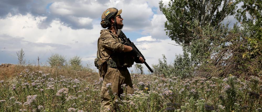 Ein Soldat des motorisierten Schützenbataillons der 93. Brigade der ukrainischen Streitkräfte steht auf einem Feld in der Region Donezk im Osten der Ukraine.