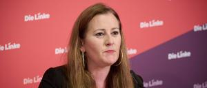 Janine Wissler auf einer Pressekonferenz im Karl-Liebknecht Haus in Berlin (Archivbild)