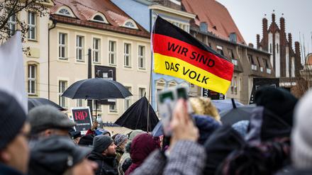 «Wir sind das Volk» steht auf einer schwarz-rot-goldenen Fahne bei einer Kundgebung auf dem Altmarkt, zu der die Mittelstandsinitiative Brandenburg aufgerufen hatte.