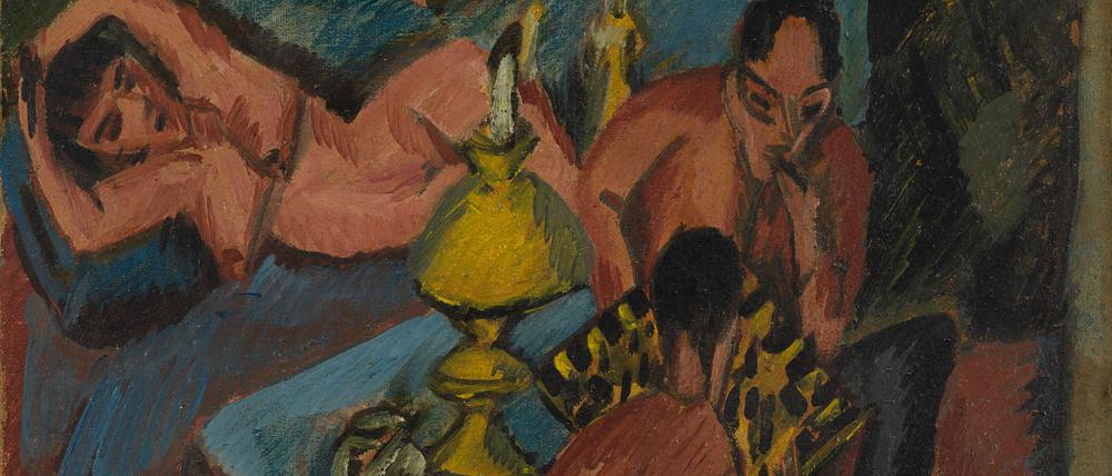 Ernst Ludwig Kirchners Gemälde „Erich Heckel und Otto Mueller beim Schach“ von 1913 darf nach der Rückerwerbung von den Erben endgültig im Brücke-Museum bleiben.