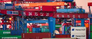 Hamburg: Container werden am Container Terminal Burchardkai (CTB) der Hamburger Hafen und Logistik AG (HHLA) gelagert und verladen. Das IfW senkte erneut die Konjunkturprognose für die deutsche Wirtschaft.