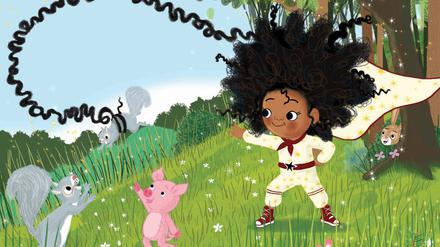 Afrohaare sind schön. Sie können sogar zur Superkraft werden, wie in Motsi Mabuses Kinderbuch „Magie im Haar“. In der abgebildeten Szene rettet die Protagonistin mit einer verzauberten Haarsträhne ein verloren gegangenes Eichhörnchen.