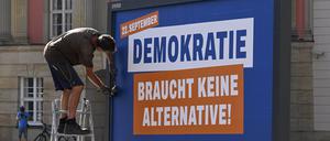 Ein Plakat der Initiative «Brandenburg zeigt Haltung» wird vor dem Brandenburger Landtag auf dem Alten Markt aufgestellt. 