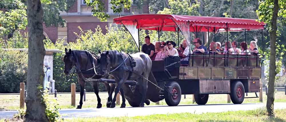 Eine Pferdekutsche mit Passagieren