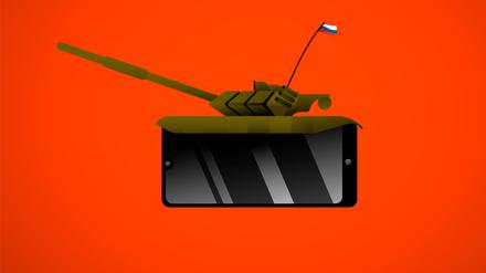 Ein russischer Panzer auf einem Smartphone als Symbol für Propaganda.