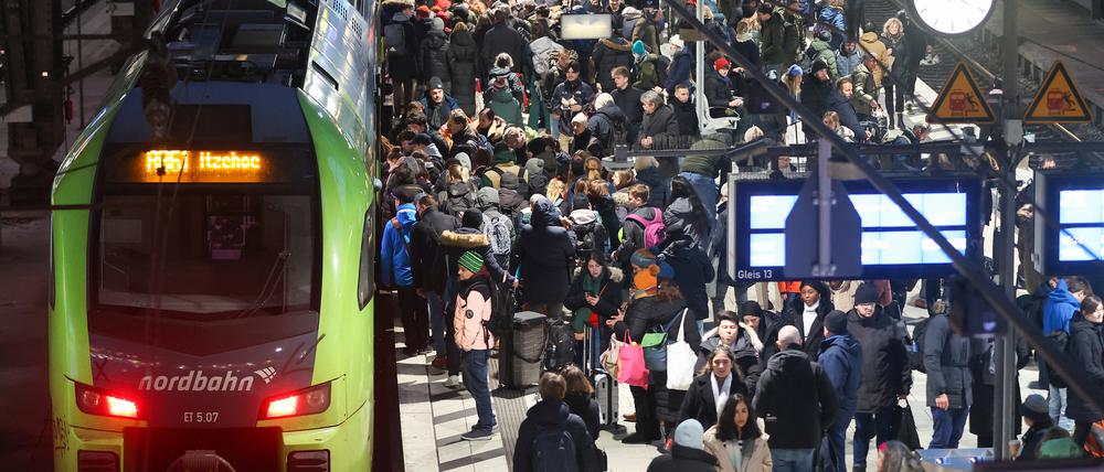 Zahlreiche Reisende sind auf einem Gleis im Hamburger Hauptbahnhof unterwegs.