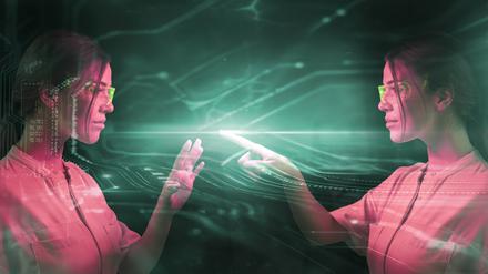 Illustration: Junge Wissenschaftlerin, die ein KI-Modell in ein menschliches Modell umwandelt. 