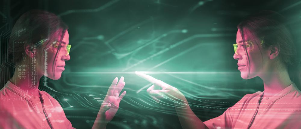 Illustration: Junge Wissenschaftlerin, die ein KI-Modell in ein menschliches Modell umwandelt.