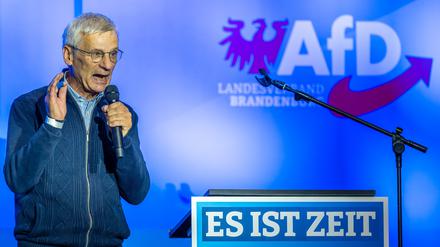 Hans-Christoph Berndt, Fraktionsvorsitzender und Spitzenkandidat der AfD Brandenburg, spricht bei einer Wahlkampfveranstaltung in Brandenburg.