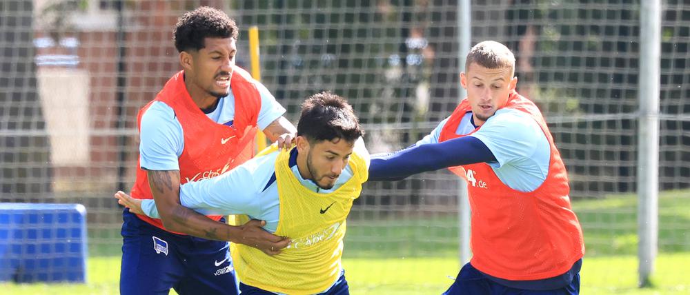 Kevin Sessa (Mitte) ist nach seiner Verletzung aus der Vorbereitung zurück im Mannschaftstraining von Hertha BSC.