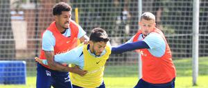 Kevin Sessa (Mitte) ist nach seiner Verletzung aus der Vorbereitung zurück im Mannschaftstraining von Hertha BSC.