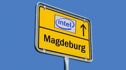 Ortsschild von Magdeburg mit Logo von Intel