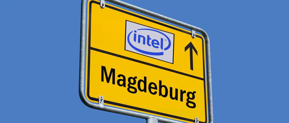Ortsschild von Magdeburg mit Logo von Intel